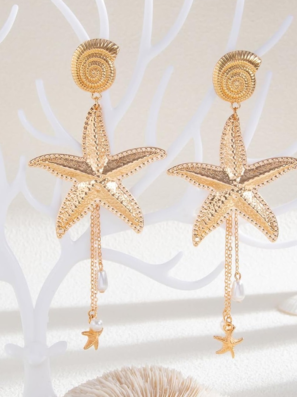 Anthropologie Gold Starfish Drop Earrings with Pearl and Chain Charms - Picture 3 of 5